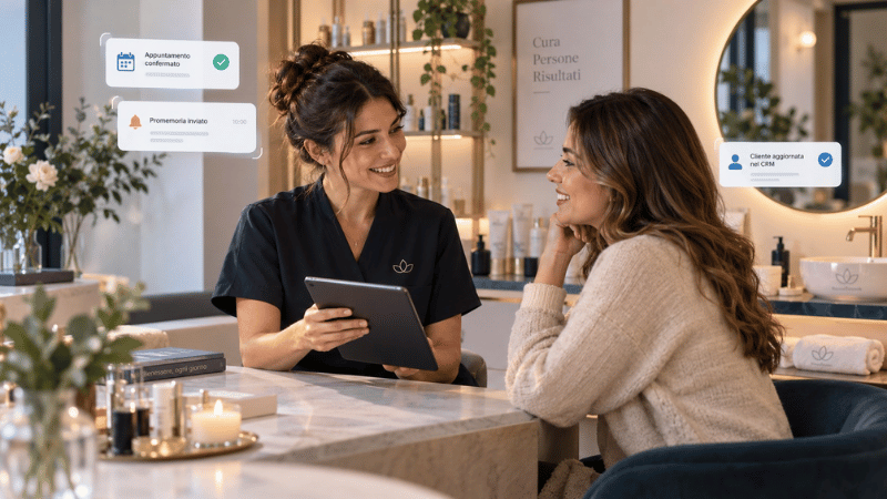 Professionista che segue una cliente mentre le attività digitali vengono automatizzate